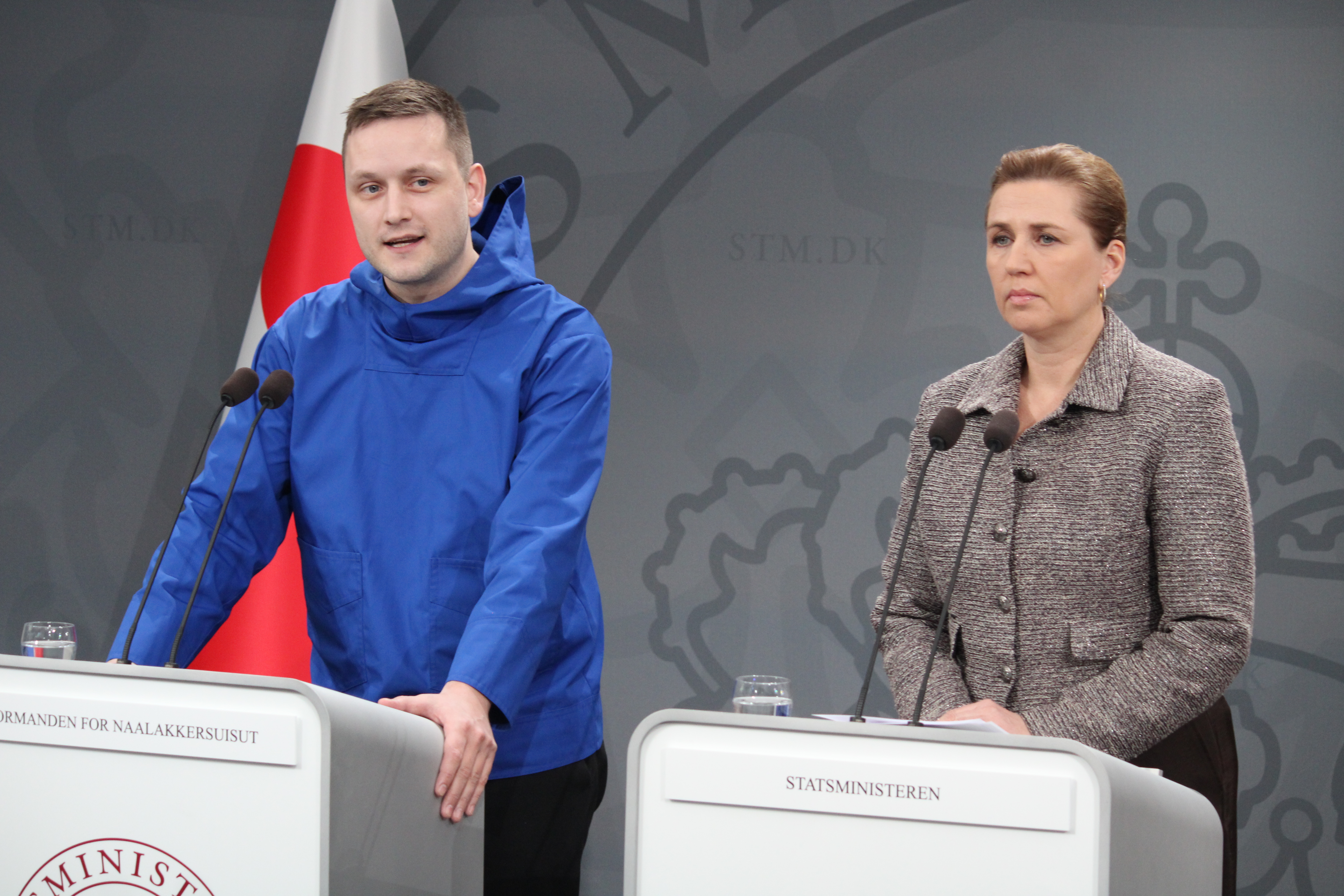 Greenlandic prime minister Jens-Frederik Nielsen announcing "We choose Denmark" at a press conference with Mette Frederiksen in response to Trump's threats to invade or annex the country, 13 January 2026