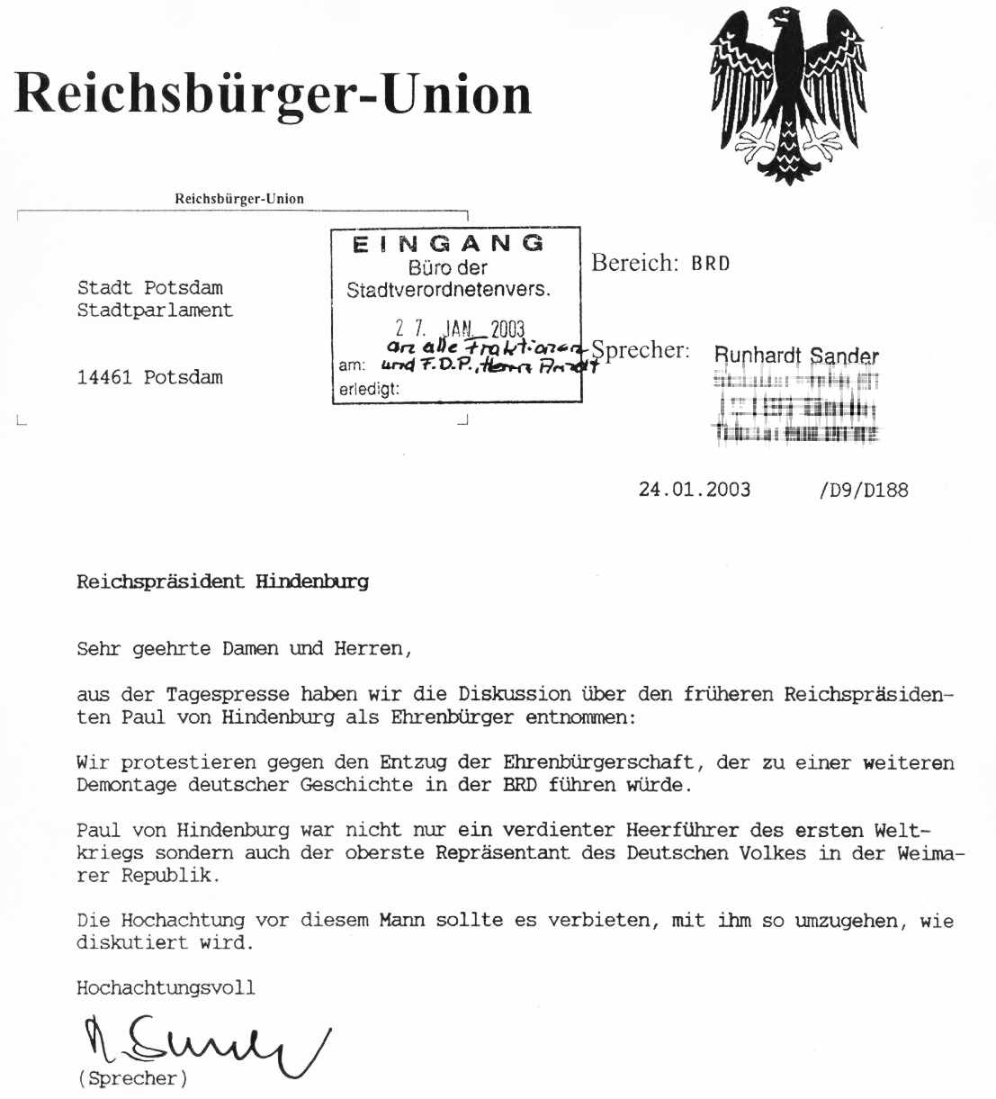 Sander as speaker of the "ReichsbÃ¼rger-Union"
