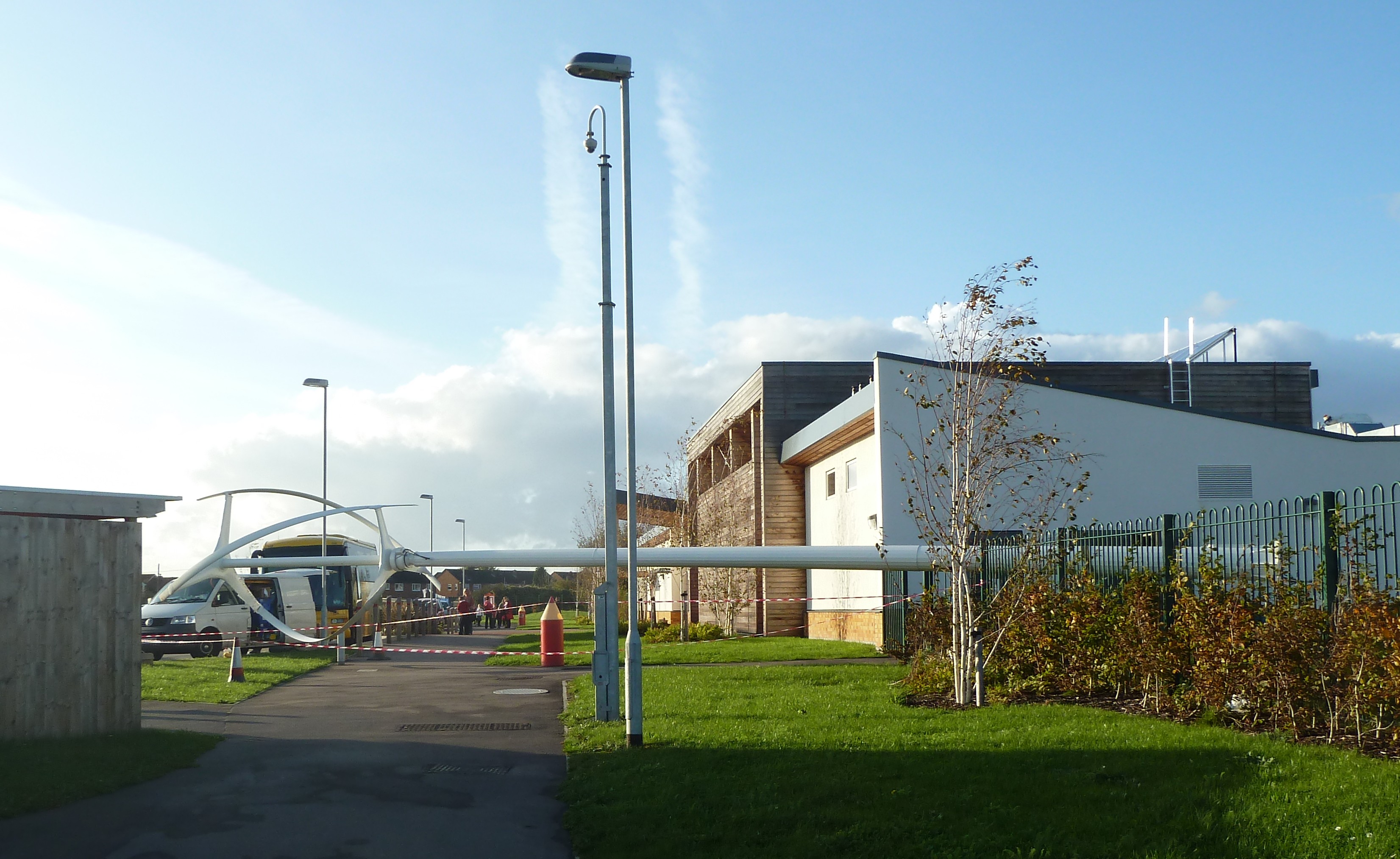 The school's wind turbine, lowered for maintenance