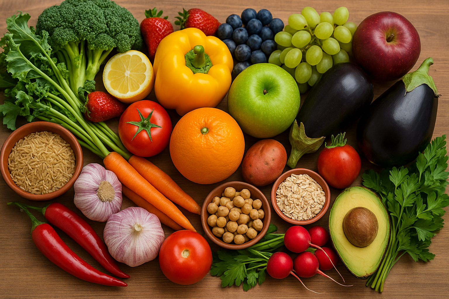 A diverse selection of fruits, vegetables, grains, and herbs representing species-level nutritional biodiversity. A diverse selection of fruits, vegetables, grains, and herbs representing species-level nutritional biodiversity.