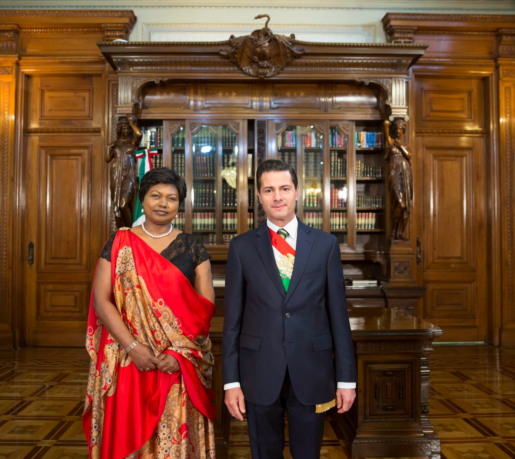 Rwanda's non-resident ambassador, Mathilde Mukantabana, with Mexican president Enrique Peña Nieto in Mexico City, October 2018.