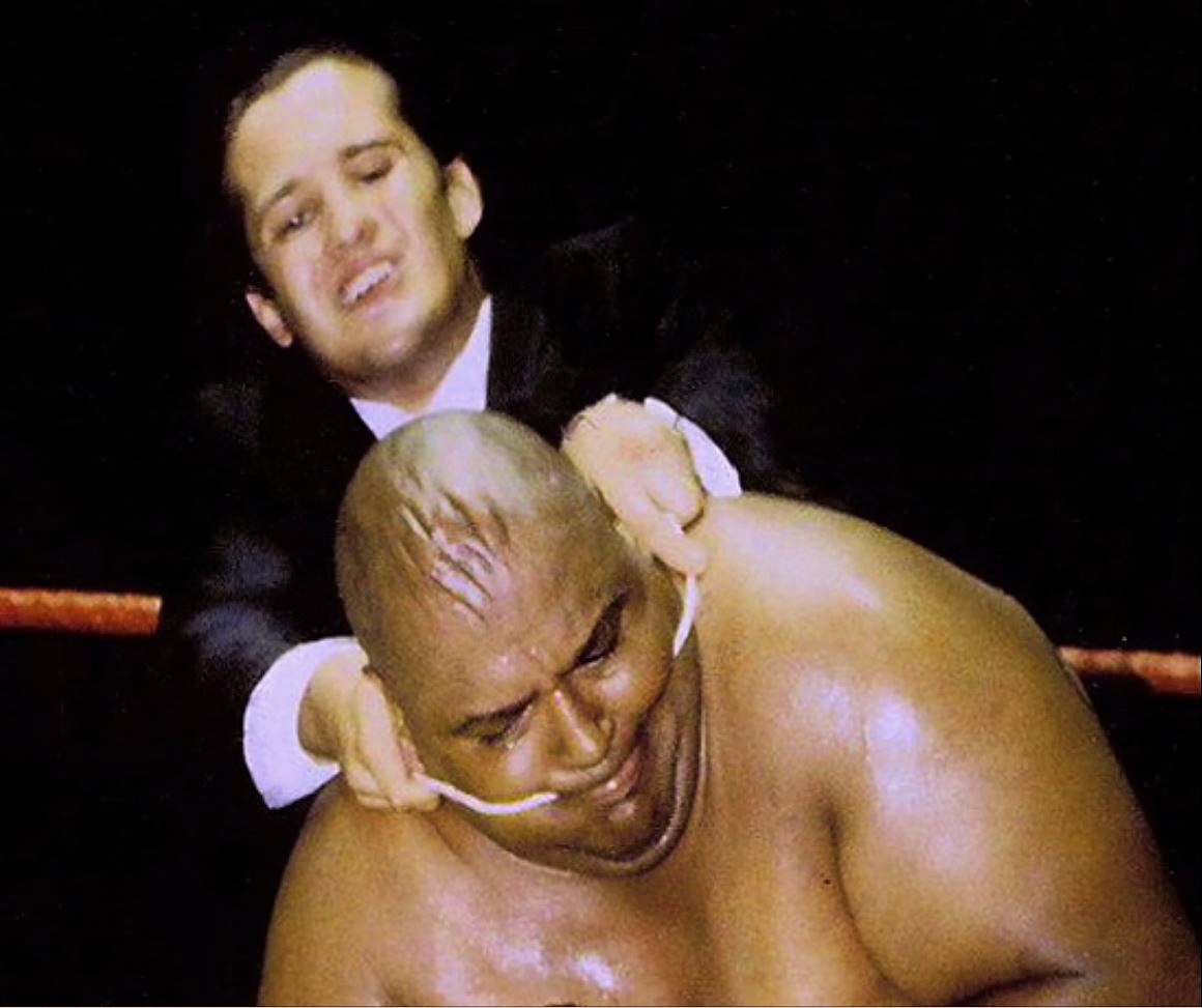 Montana in 1988 restraining Abdullah The Butcher Montana in 1988 restraining Abdullah The Butcher
