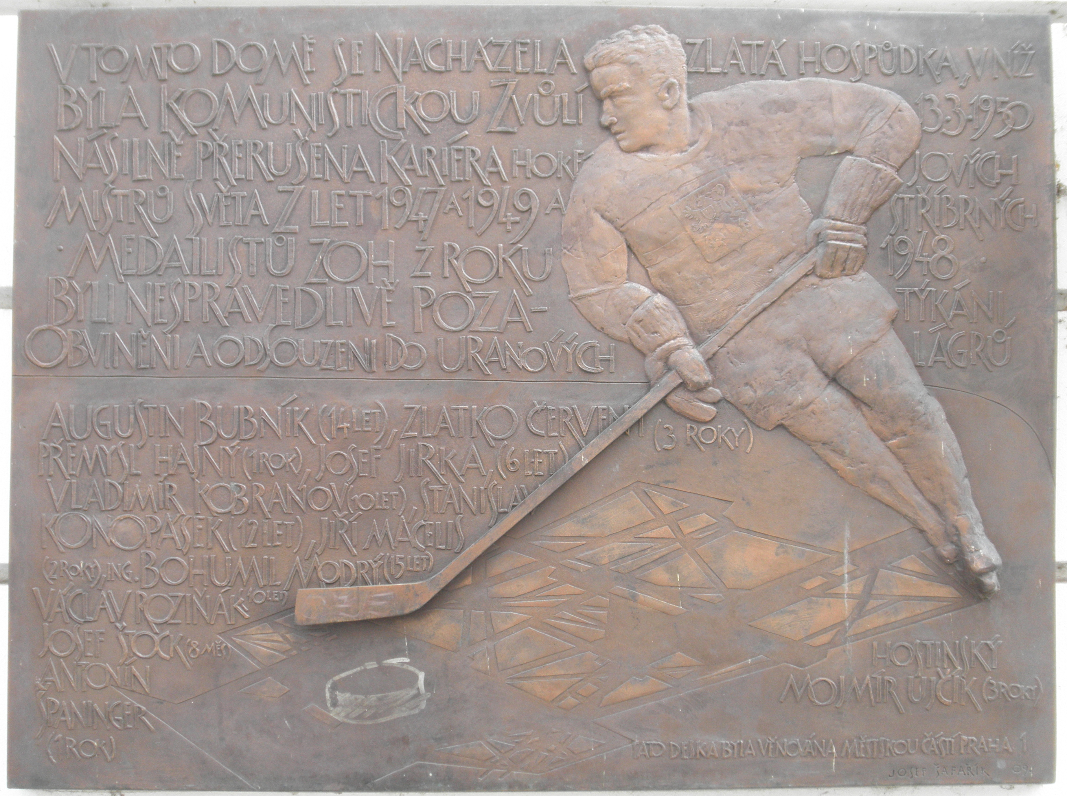 A plaque commemorating the Czechoslovak ice hockey team at the site of their arrest in Prague