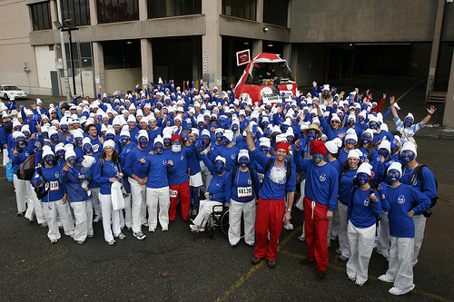 Participants dressed as Smurfs during a world record attempt in Hull.