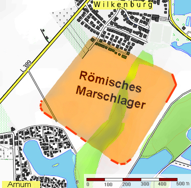 Possible location of the Roman camp (in orange color) in actual Wilkenburg