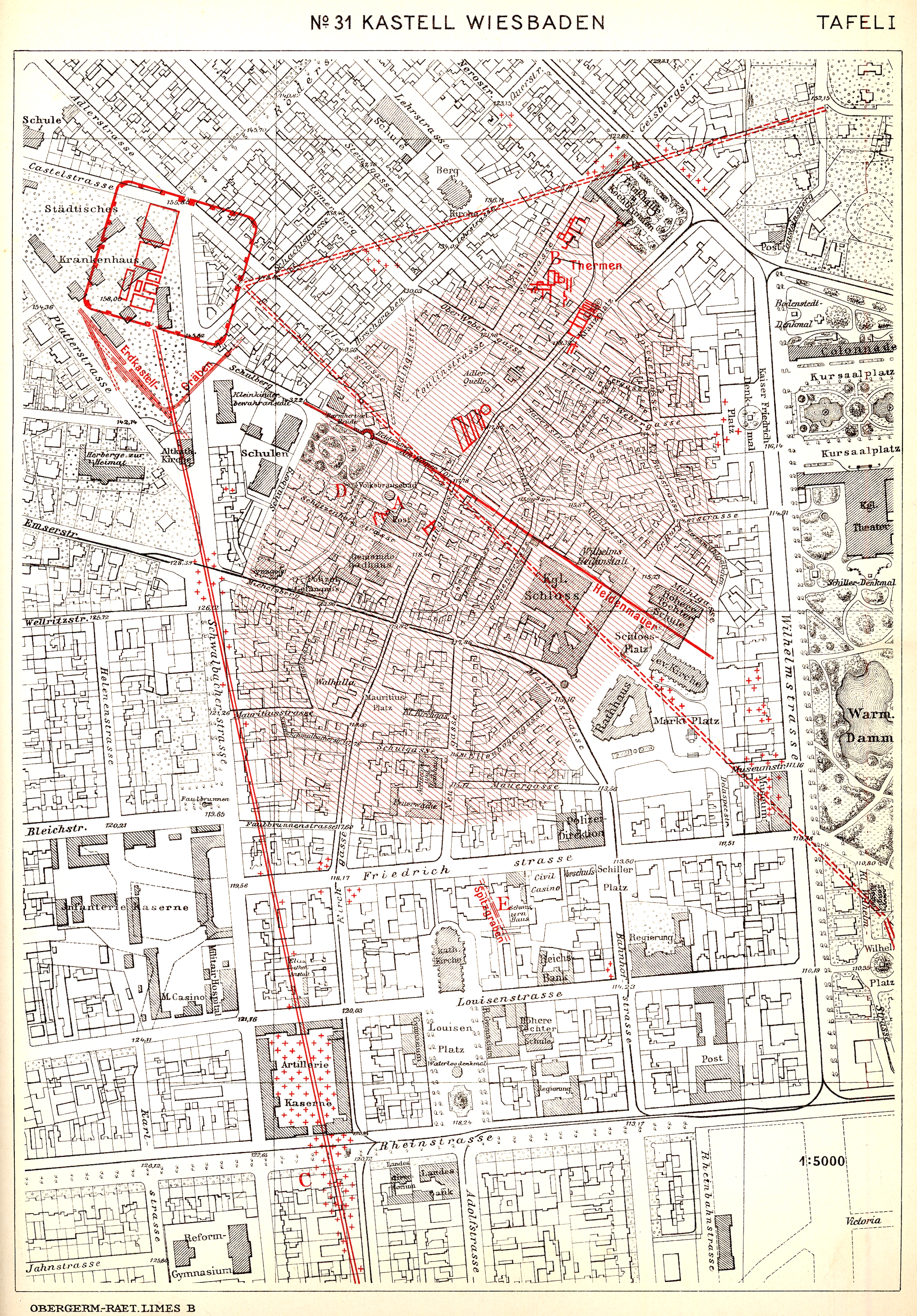 Plan of "Civitas Matthiacis" inside actual Wiesbaden. In pink color the "vicus", while the "Castrum" is shown with a square