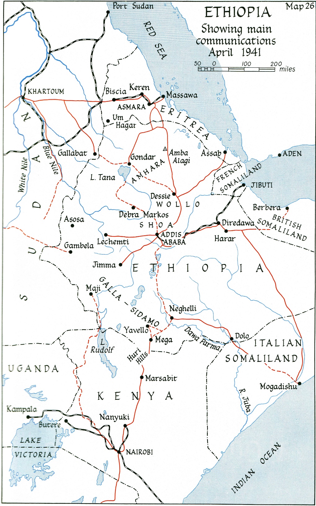 Map showing the Italian built roads in 1941 Italian East Africa