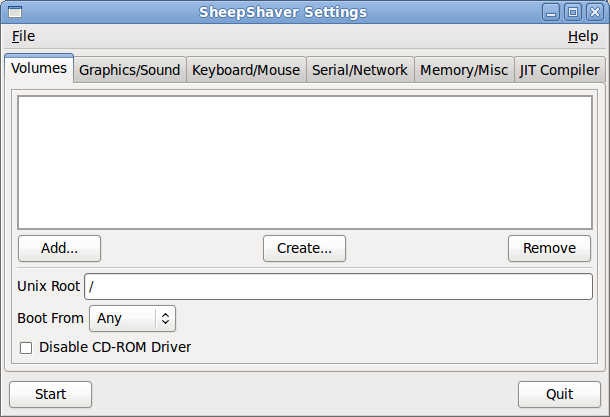 SheepShaver setup menu on Linux