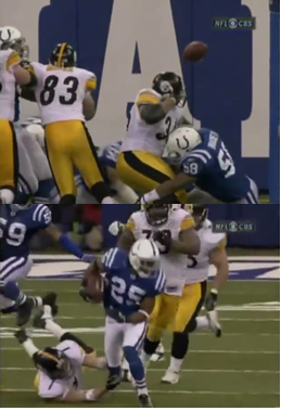 (top) Jerome Bettis fumbles the ball after being tackled by Gary Brackett (bottom) Ben Roethlisberger tackles Nick Harper