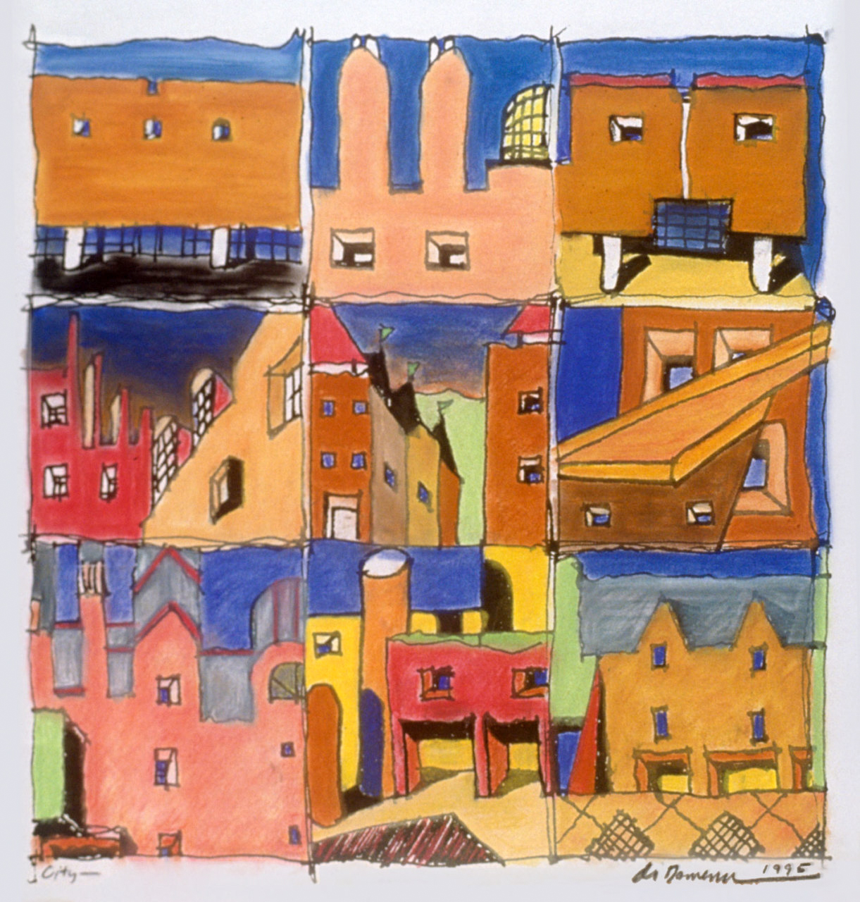 City (1995), 20 x 20 in, Pastel on paper