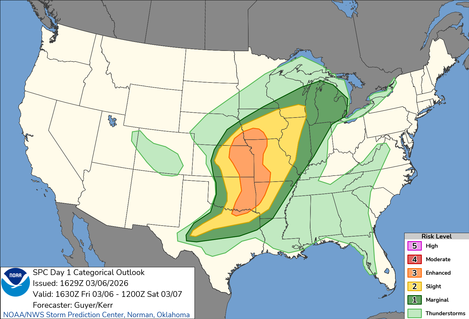 The Storm Prediction Center's 1630 UTC Day 1 Convective Outlook for March 6, 2026.