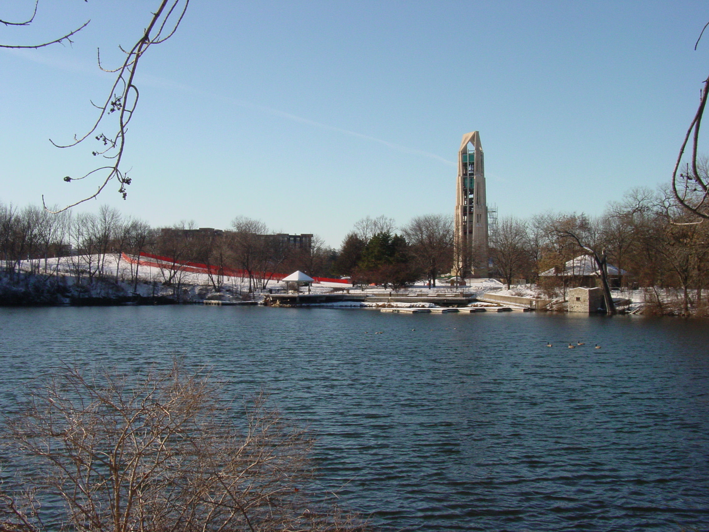 A view of the Naperville Riverwalk area and Moser Tower in downtown Naperville