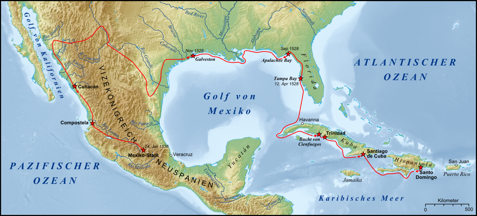 Route of the Narváez expedition led by Pánfilo de Narváez, in which Cabeza de Vaca participated.