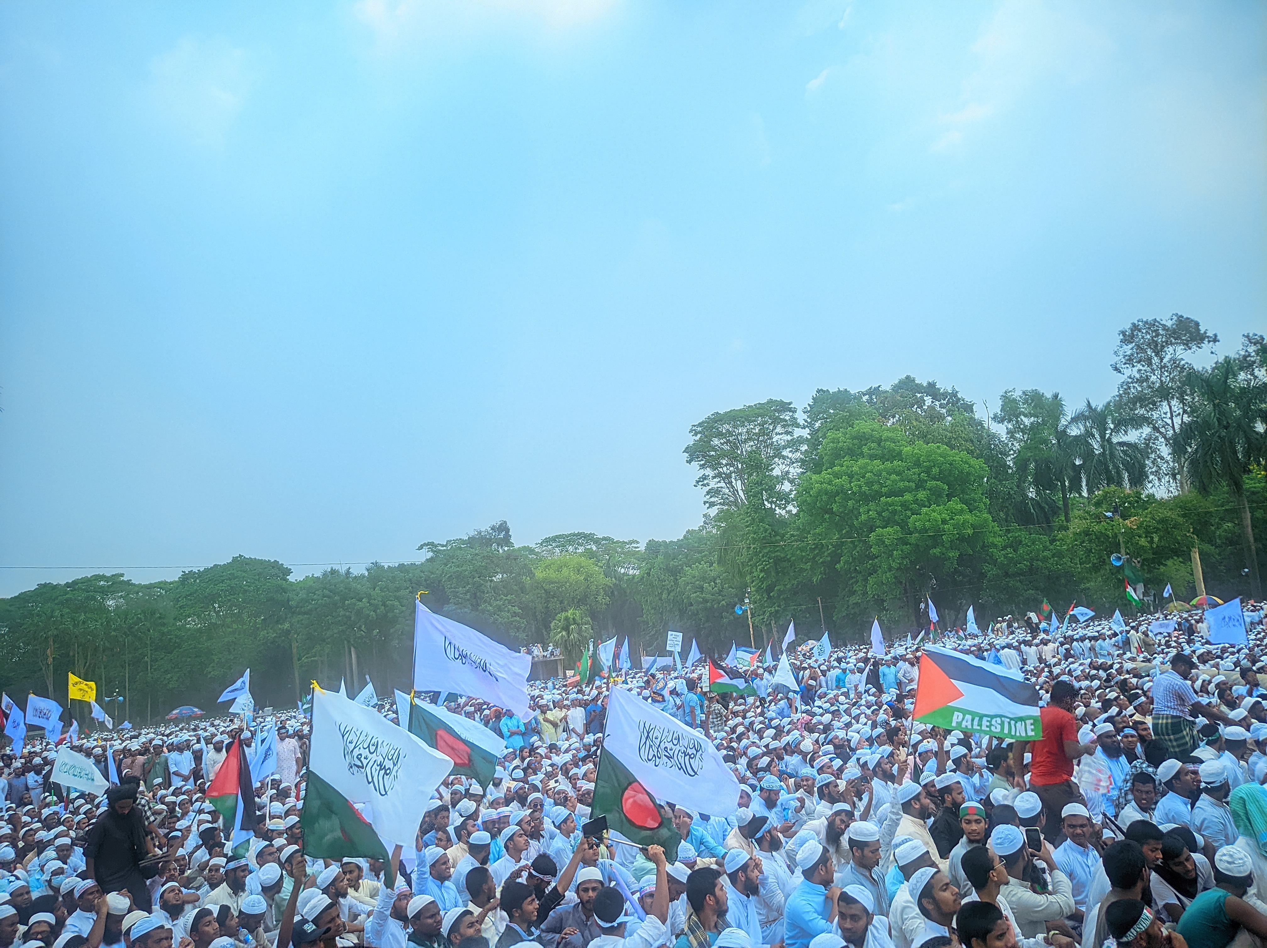 Rally Attendees Holding Flags of Bangladesh, Palestine, and the Shahada