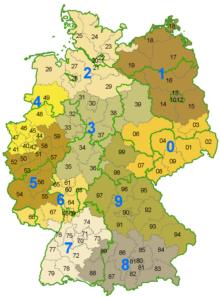 German Postleitzahl map of the first two digits