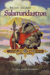 Urthstripe is featured on the US cover of Salamandastron, shown holding a large spear with a leaf-shaped blade and a twin barbed crosstree.