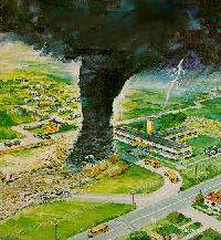 An artist's conception of a school tornado disaster