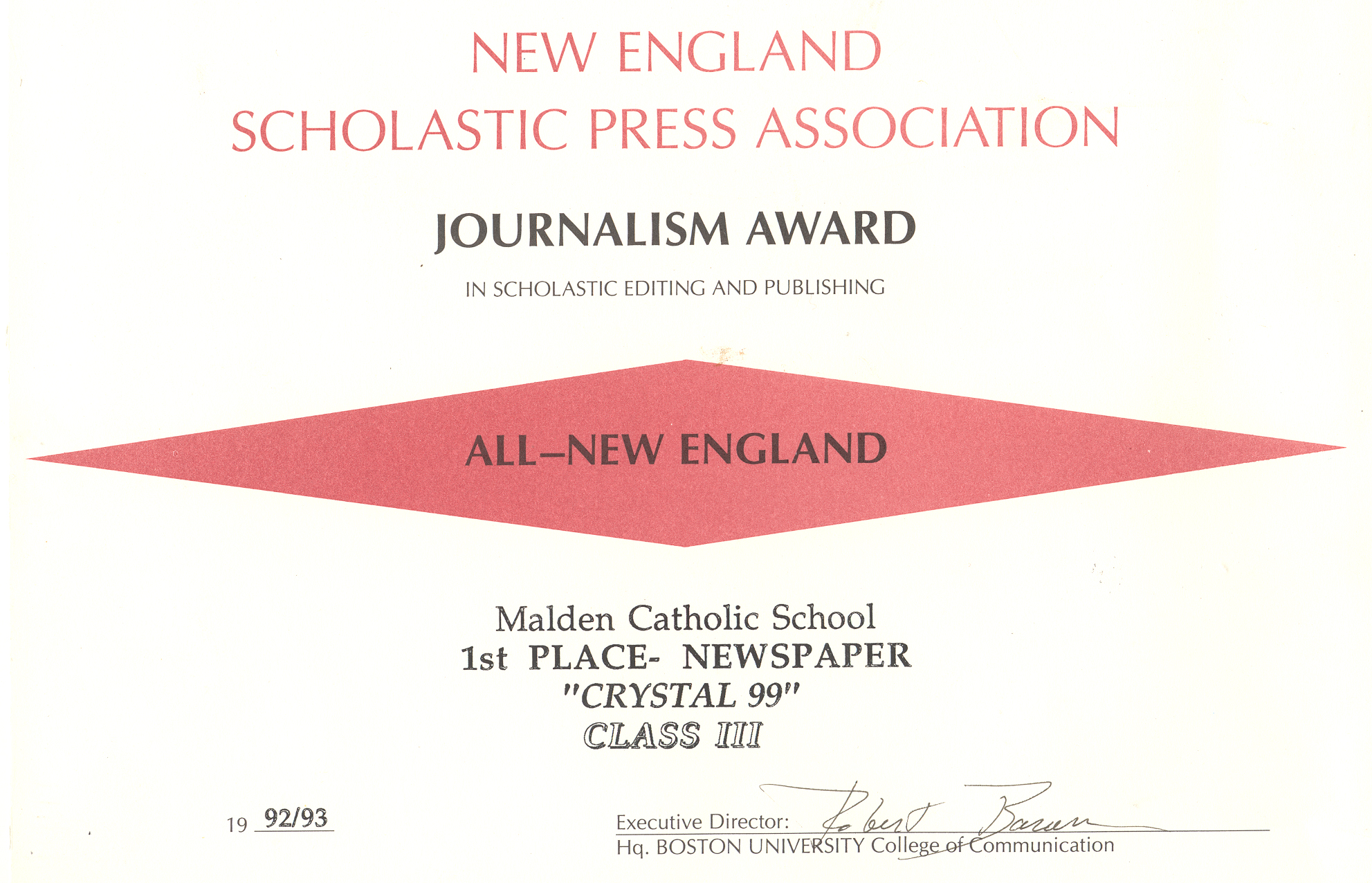 The NESPA All New England Award from 1993
