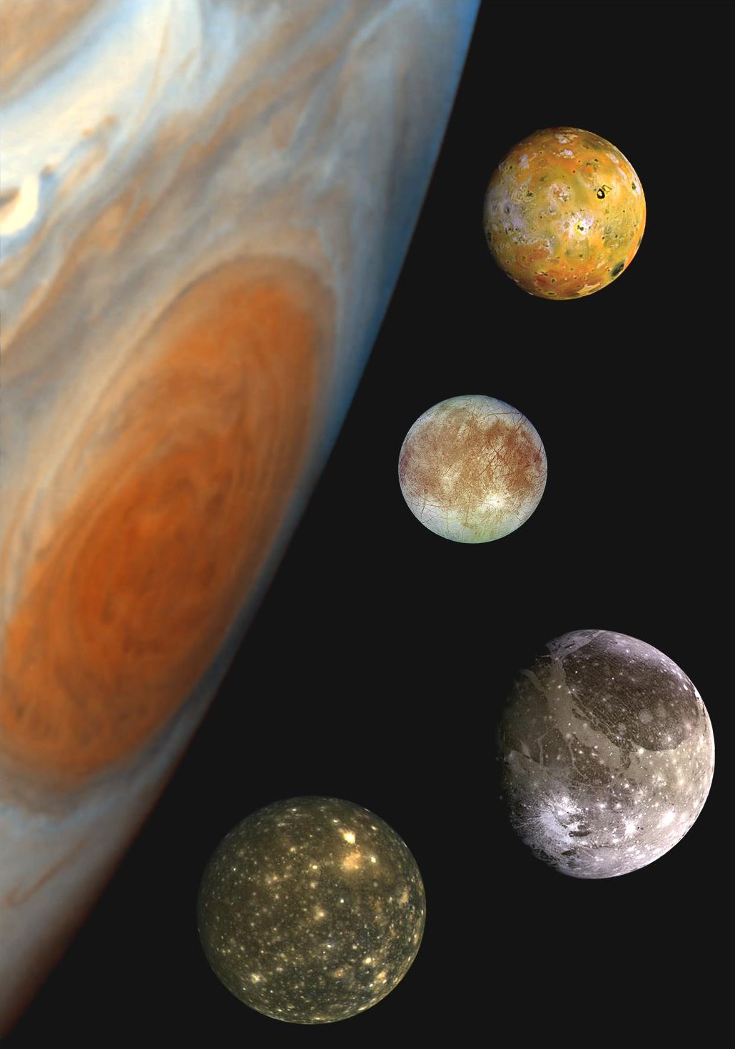 Jupiter's 4 largest moons: from top to bottom, Io, Europa, Ganymede, Callisto.