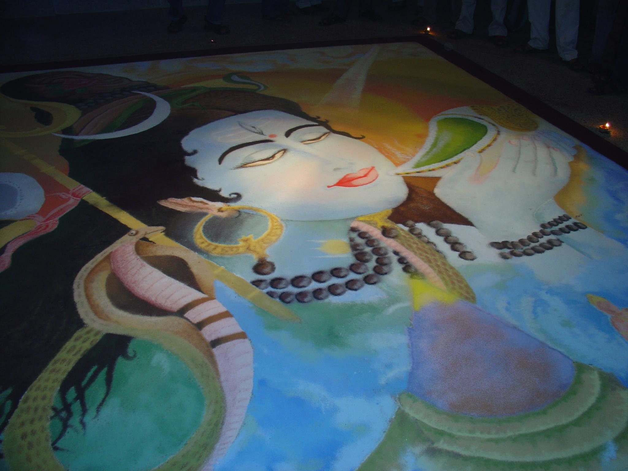 A view of a completed Rangoli depicting Lord Shiva.