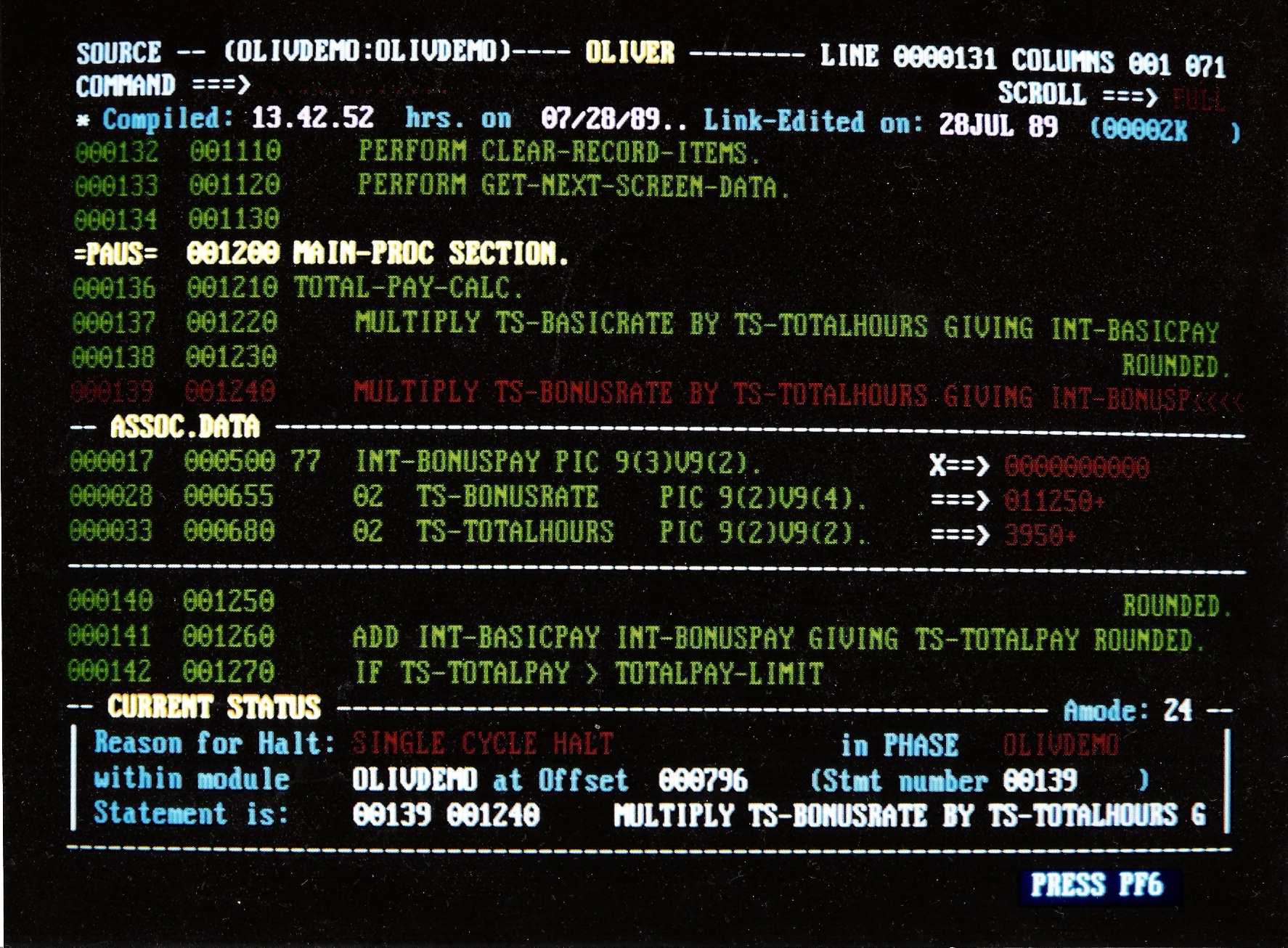 Screenshot of OLIVER - CICS Interactive debug. COBOL example Screenshot of OLIVER - CICS Interactive debug. COBOL example