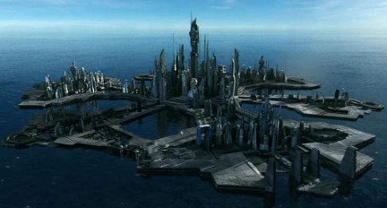 Atlantis rests on the ocean.