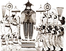  An old etching of King Rajasinghe and his court. Note the similarity of the royal symbols carried by the courtiers with those on the flag above. Of particular interest are the two pearl umbrellas, the sun and moon symbols, alavattam ceremonial sun shades and the white (conch) shield.