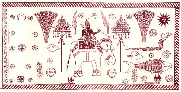 One of the many ancient Karava flags from Sri Lanka. In addition to the usual royal symbols such as the sun, moon, stars, fish and elephant found on most Karava flags, this flag also has a man atop the elephant. He is armed and crowned and could very well be a representation of a Patabenda.