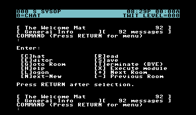 Screenshot of online DTJ-BBS menu as it appeared on the sysop's display.