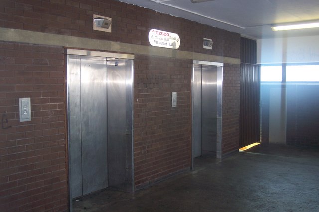 The former lifts at the Tesco superstore, showing decay.