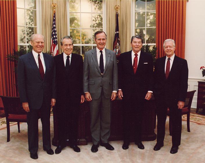 The remaining presidents from the Inauguration of George H.W. Bush in 1989 up to the Inauguration of Bill Clinton in 1993. The presidents (left to right) are: Gerald Ford, Richard Nixon, George H.W. Bush, Ronald Reagan, and Jimmy Carter.