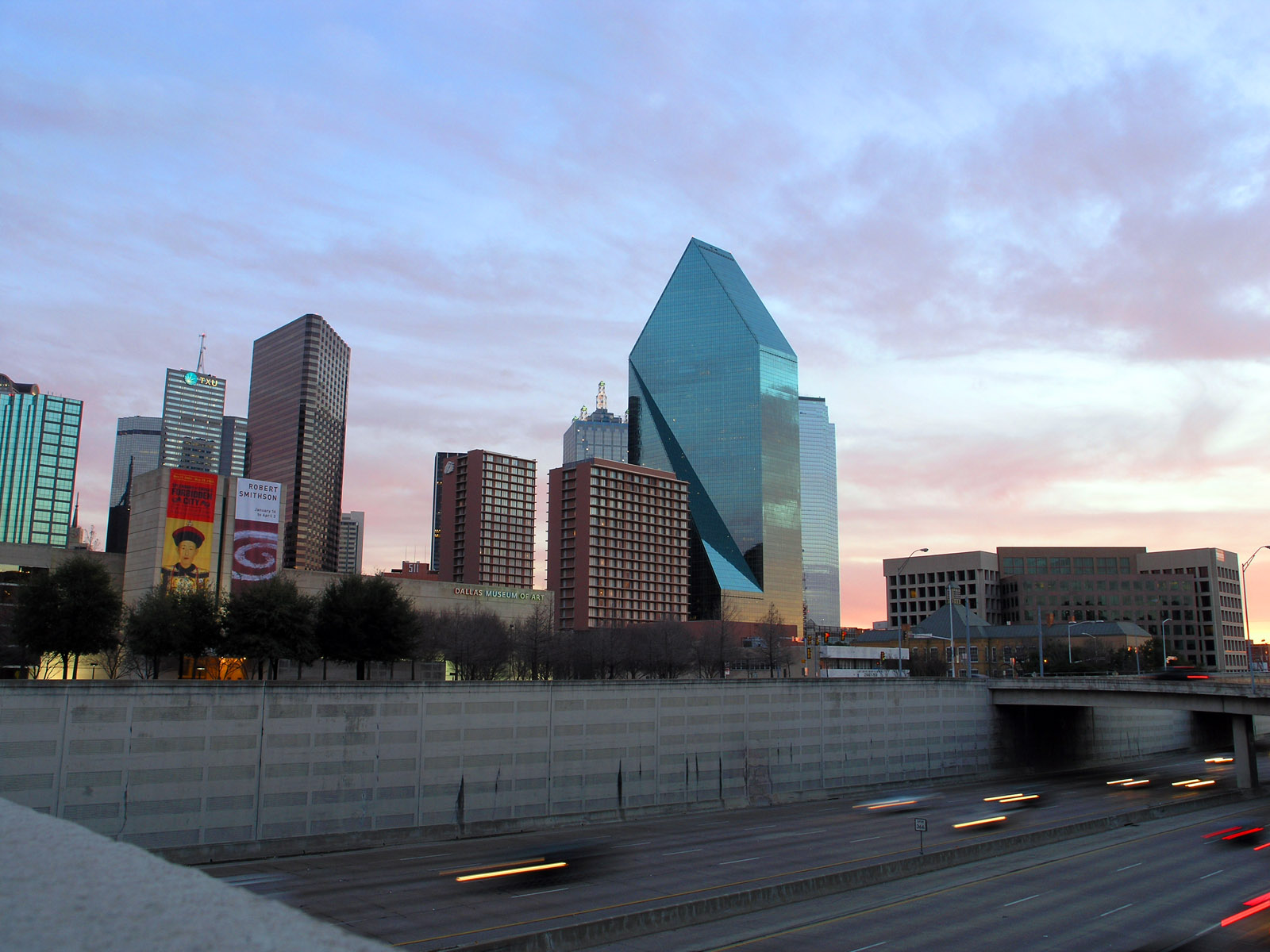 Facing south-southwest from Harwood Street towards downtown