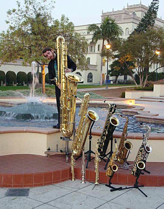 Easton with ten members of the saxophone family. From largest to smallest: contrabass, bass, baritone, tenor, C melody, alto, F mezzo-soprano, soprano, C soprano, sopranino.