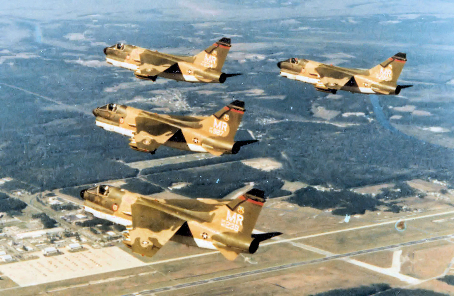 1972 Formation of LTV A-7Ds (S/N 69-6234, 70-0987, 69-6239 and 69-6235) of the 353d TFS/354th Tactical Fighter Wing, over Myrtle Beach Air Force Base, S.C.