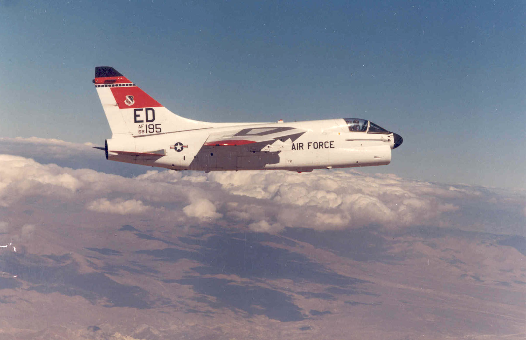 LTV A-7D (S/N 69-6195) assigned to the USAF Test Pilot School at Edwards Air Force Base, CA. This aircraft was retired to AMARC on May 7, 1990 and sold as scrap on Jun 18, 1998.