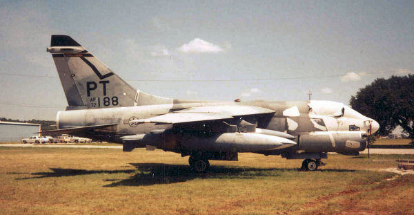 LTV A-7D (S/N 72-188) static display at Burnet, TX. The aircraft shows the markings of the 146th Tactical Fighter Squadron, Greater Pittsburgh IAP PA which retired the aircraft to AMARC on Nov 14, 1991. LTV A-7D (S/N 72-188) static display at Burnet, TX. The aircraft shows the markings of the 146th Tactical Fighter Squadron, Greater Pittsburgh IAP PA which retired the aircraft to AMARC on Nov 14, 1991.
