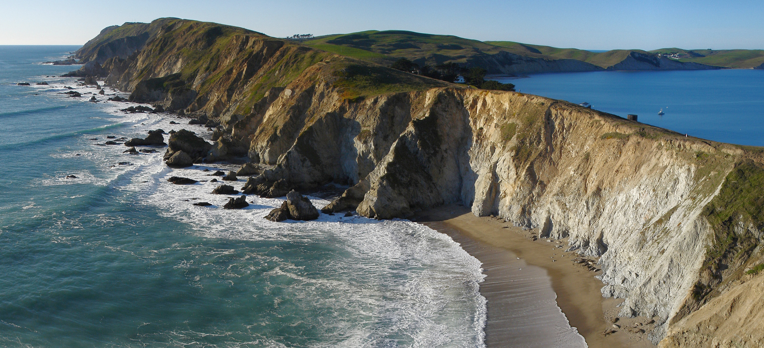 Headlands of the Point Reyes Peninsula from Chimney Rock with Elephant seals lying in the sand.
