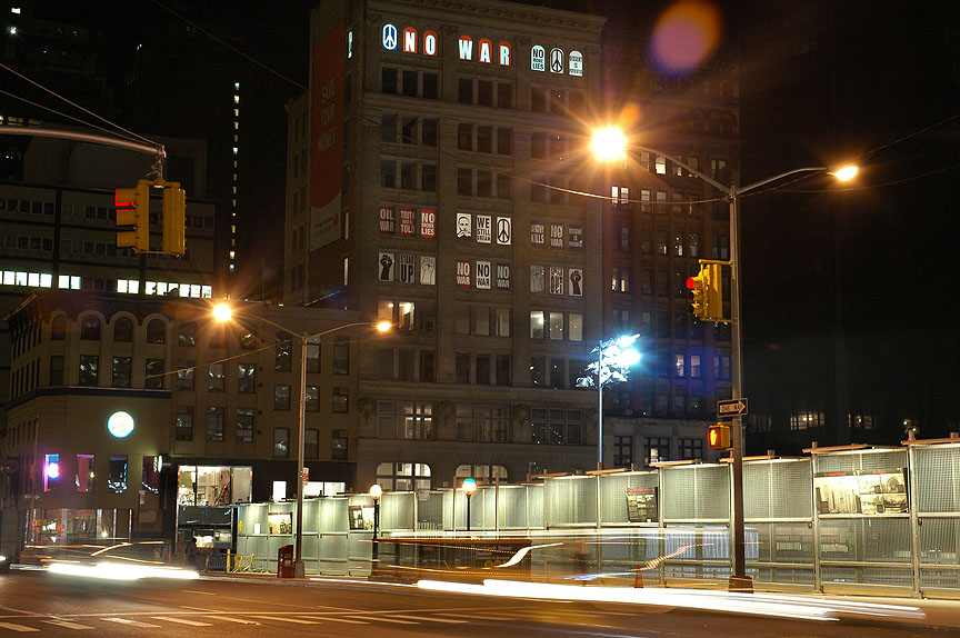The Liberty Street Protest was back lighted at night for most of the time it was on display. The Liberty Street Protest was back lighted at night for most of the time it was on display.