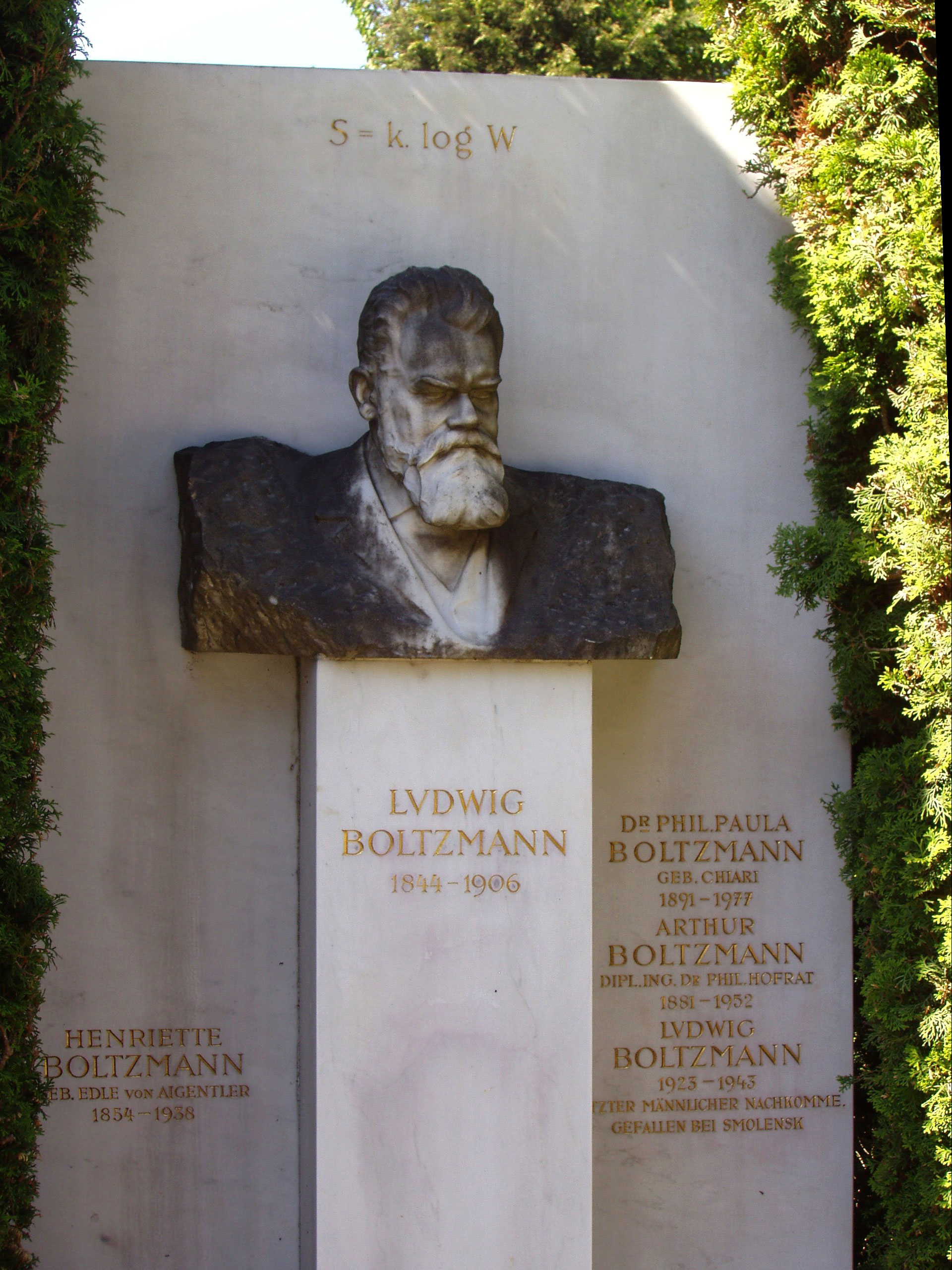 Ludwig Boltzmann's grave, with S= k log W seen at the top.
