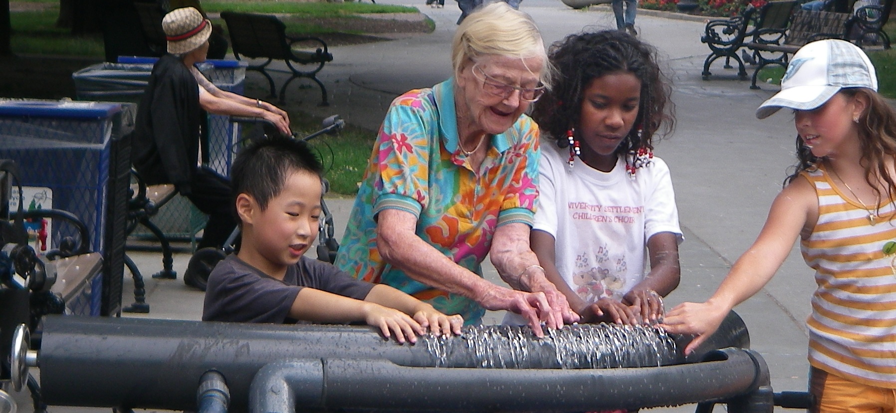 Age-inclusive aquatic play appeals to young and old alike. Hydraulophones give aquatic play a level of sophistication and intricacy that actively engages the mind and body from even a very small quantity of water, as compared with other aquatic play devices that rely more on larger quantities of water. Age-inclusive aquatic play appeals to young and old alike. Hydraulophones give aquatic play a level of sophistication and intricacy that actively engages the mind and body from even a very small quantity of water, as compared with other aquatic play devices that rely more on larger quantities of water.