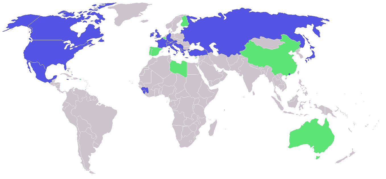 Locations of the novels, blue=original Fleming novels, green=other novels