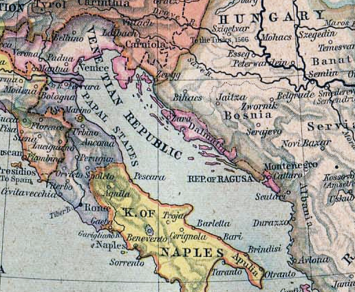 The Dalmatian possessions of the Venetian republic in 1560, before the venetian annexation of the Republic of Ragusa