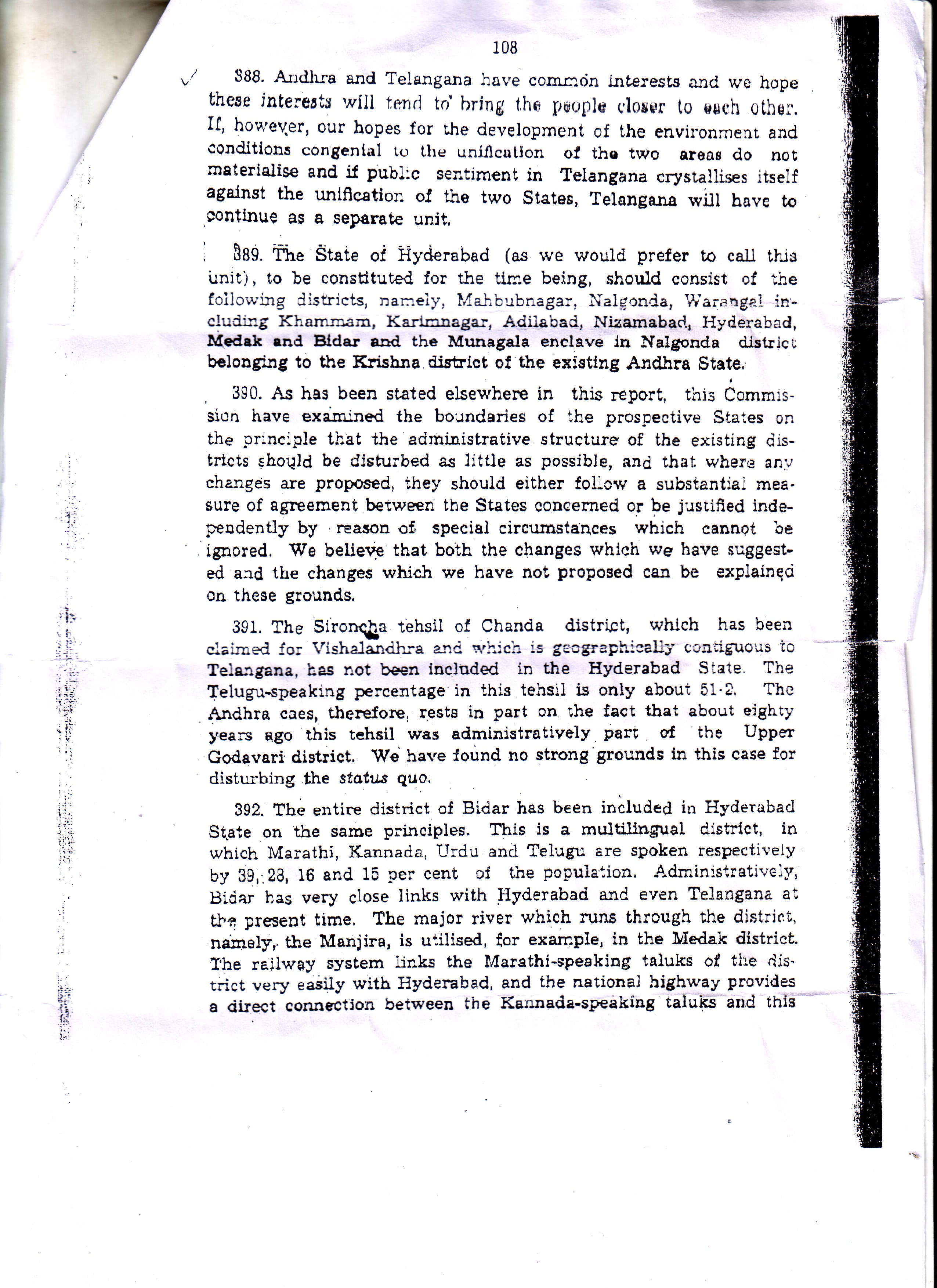 States Reorganisation Commission Para 388 to 392 