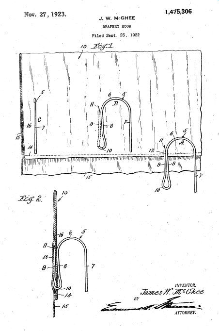 U.S. Patent no. 1,475,306, Drapery hook (November 27, 1923)