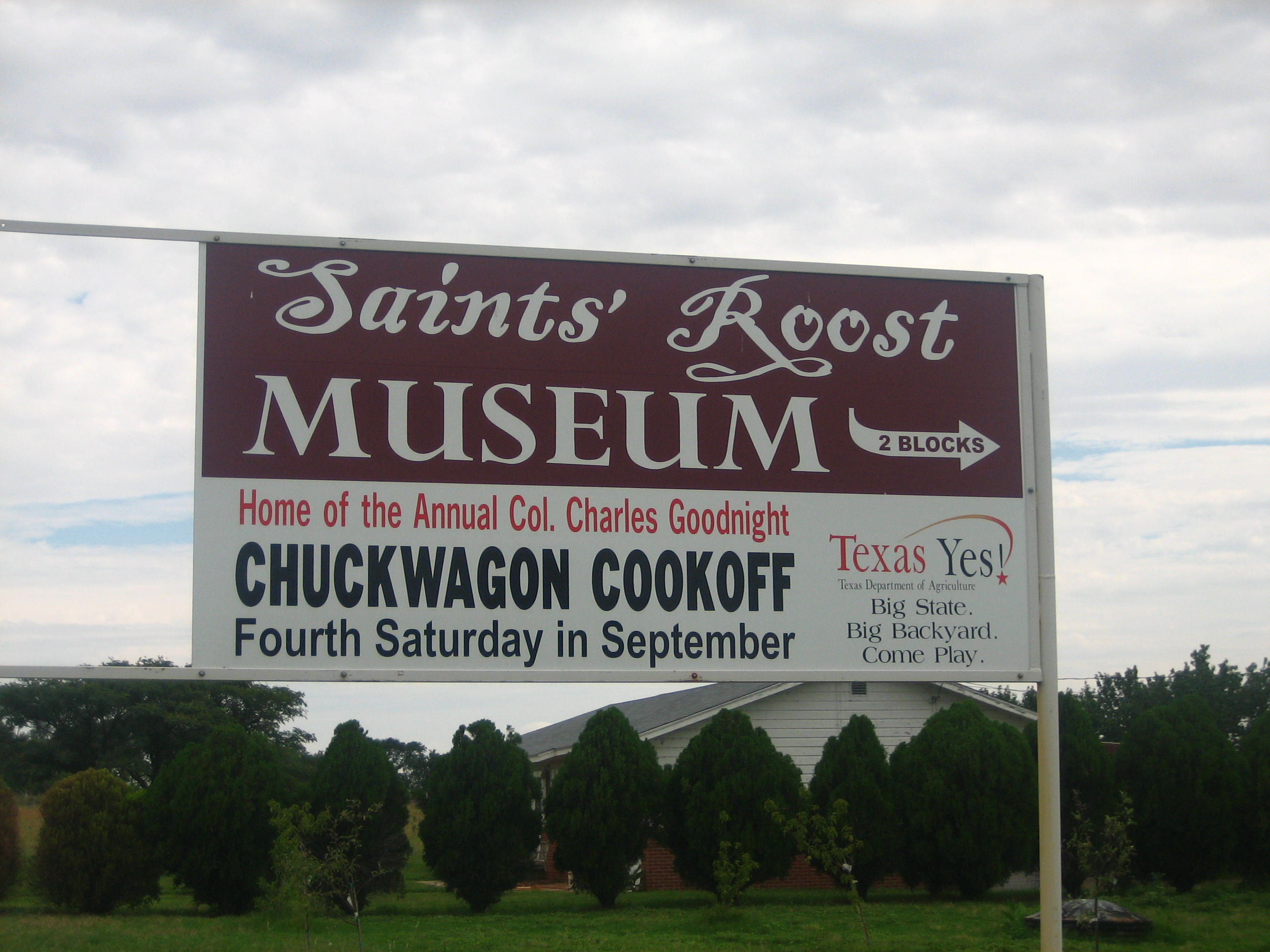 Entrance sign at Saints' Roost Museum in Clarendon, Texas