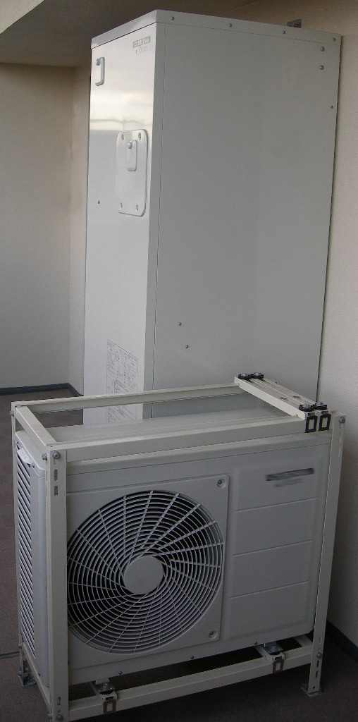  Domestic EcoCute outdoor unit (front) and hot water storage tank (back)