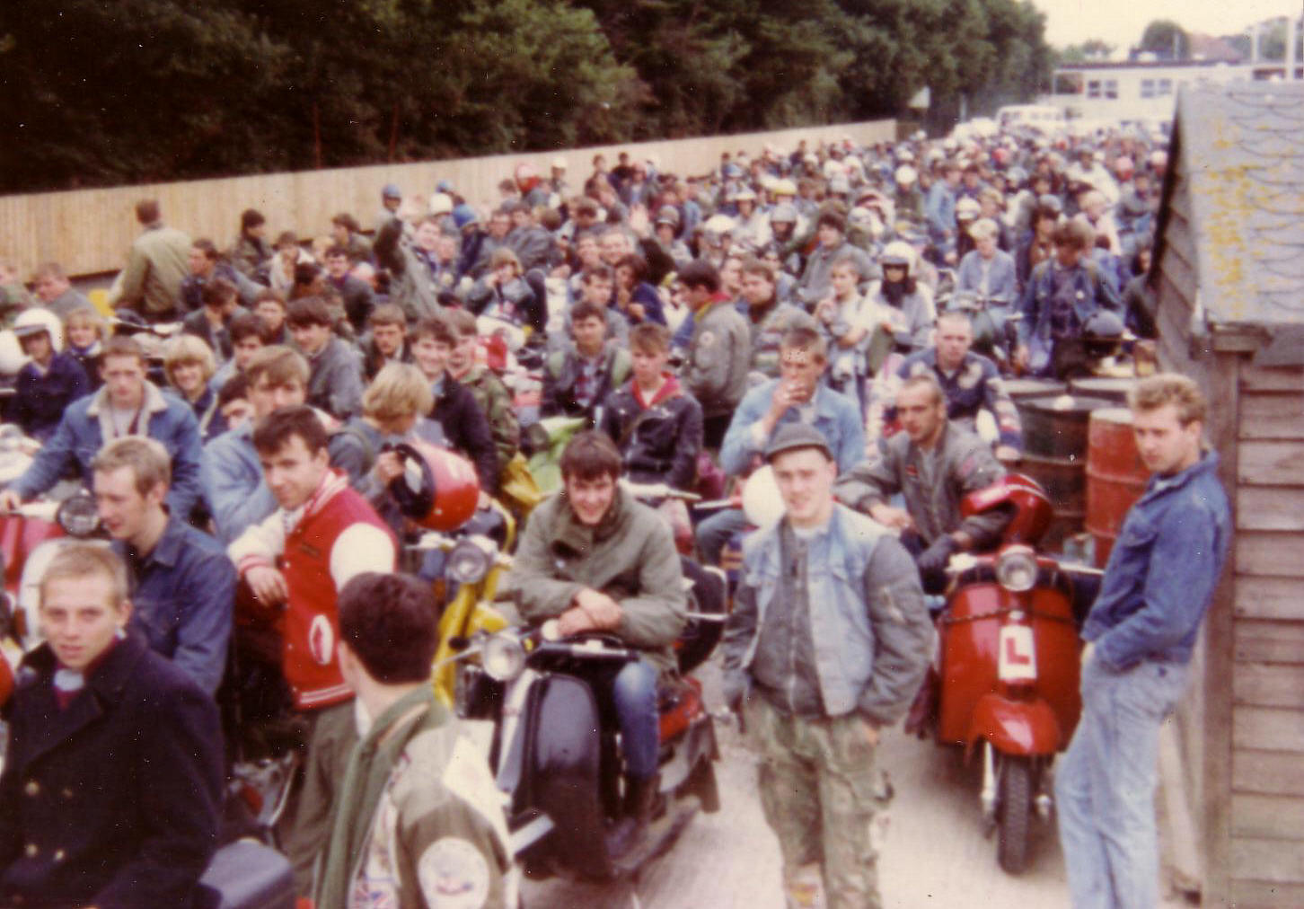 Scooterists waiting for the Isle of Wight ferry after the IOW scooter rally in August 1983