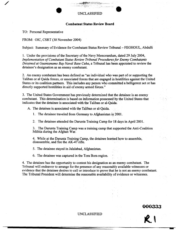 Abdulli Feghoul's 2004 Summary of Evidence memo