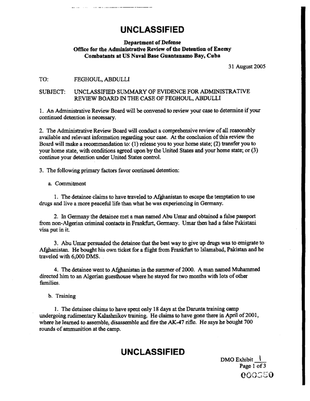 Abdulli Feghoul's 2005 Summary of Evidence memo -- page 1