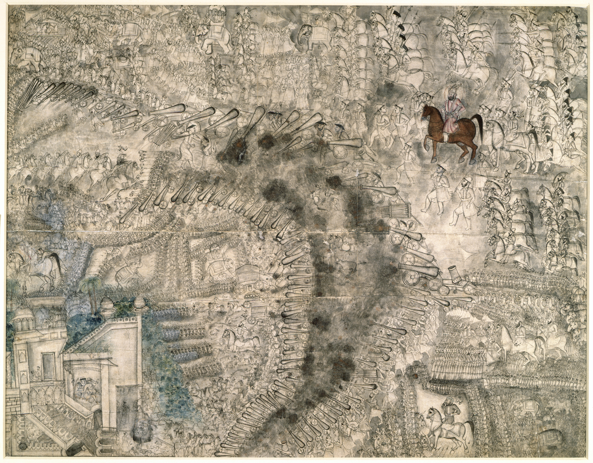 The Third battle of Panipat, 13 January 1761, arrangement of Maratha and Afghan forces Ahmad Shah Abdali, is shown on a brown horse.